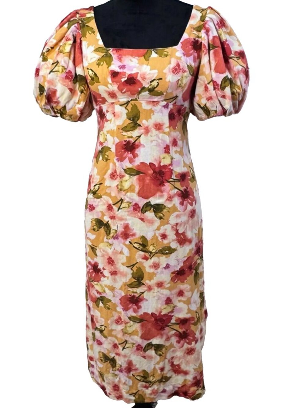 Moon River Floral Linen Blend Puff Sleeve Midi Dress XS Cottagecore